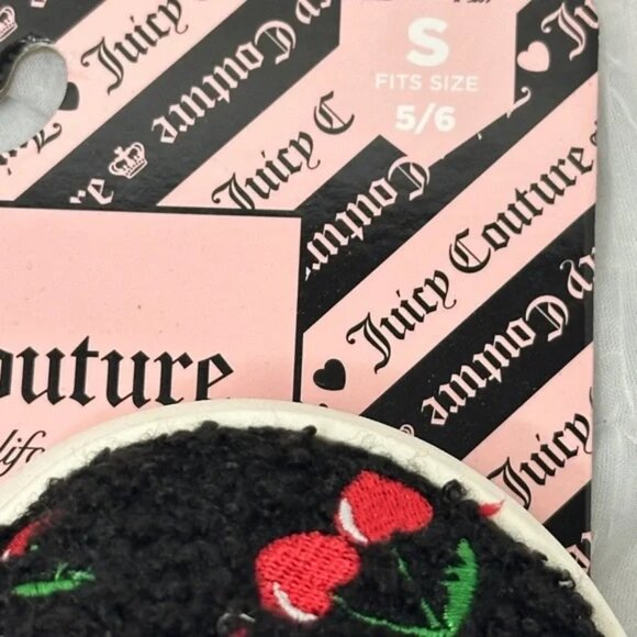 NWT Juicy Couture Cherry Slippers Black Fuzzy Slip On Pom Pom Bow Size S 5/6 - Picture 4 of 5